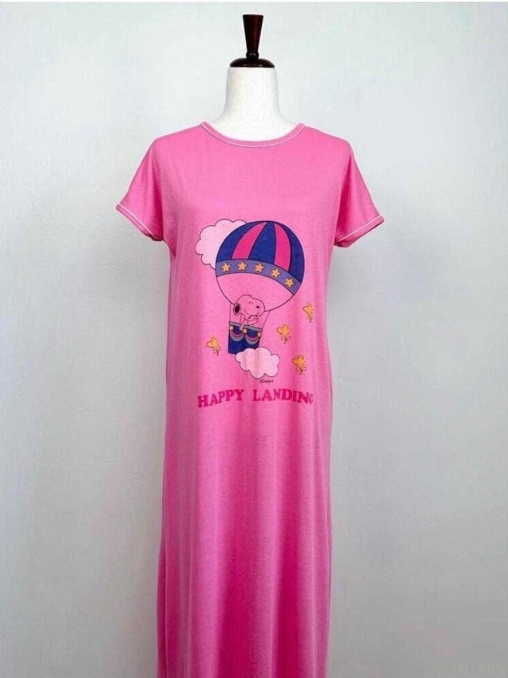 Vintage 1960's Peanuts Snoopy Hot Air Balloon Pink Long Nightgown PJ Sleepshirt